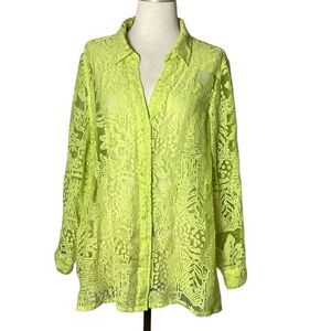 Susan Graver QVC Floral Burnout Sheer Tunic Top Women’s 2X Lime Green Blouse